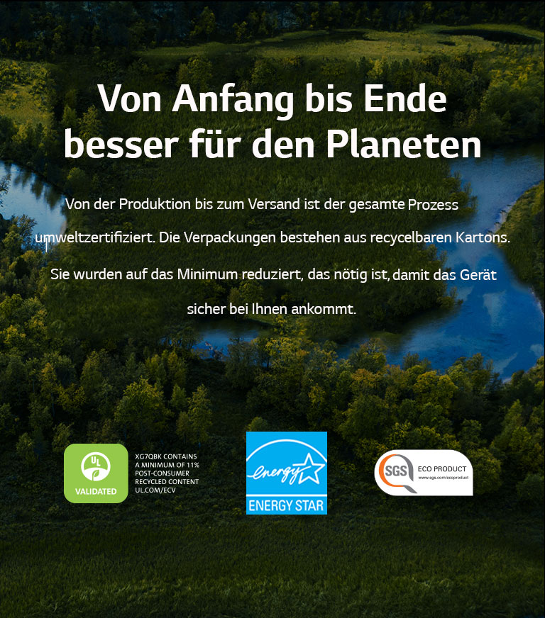 Ein Fluss, der einen Wald durchzieht, ist abgebildet. Am unteren Rand des Bildes befinden sich die Logos von UL, Energy Star und SGS.