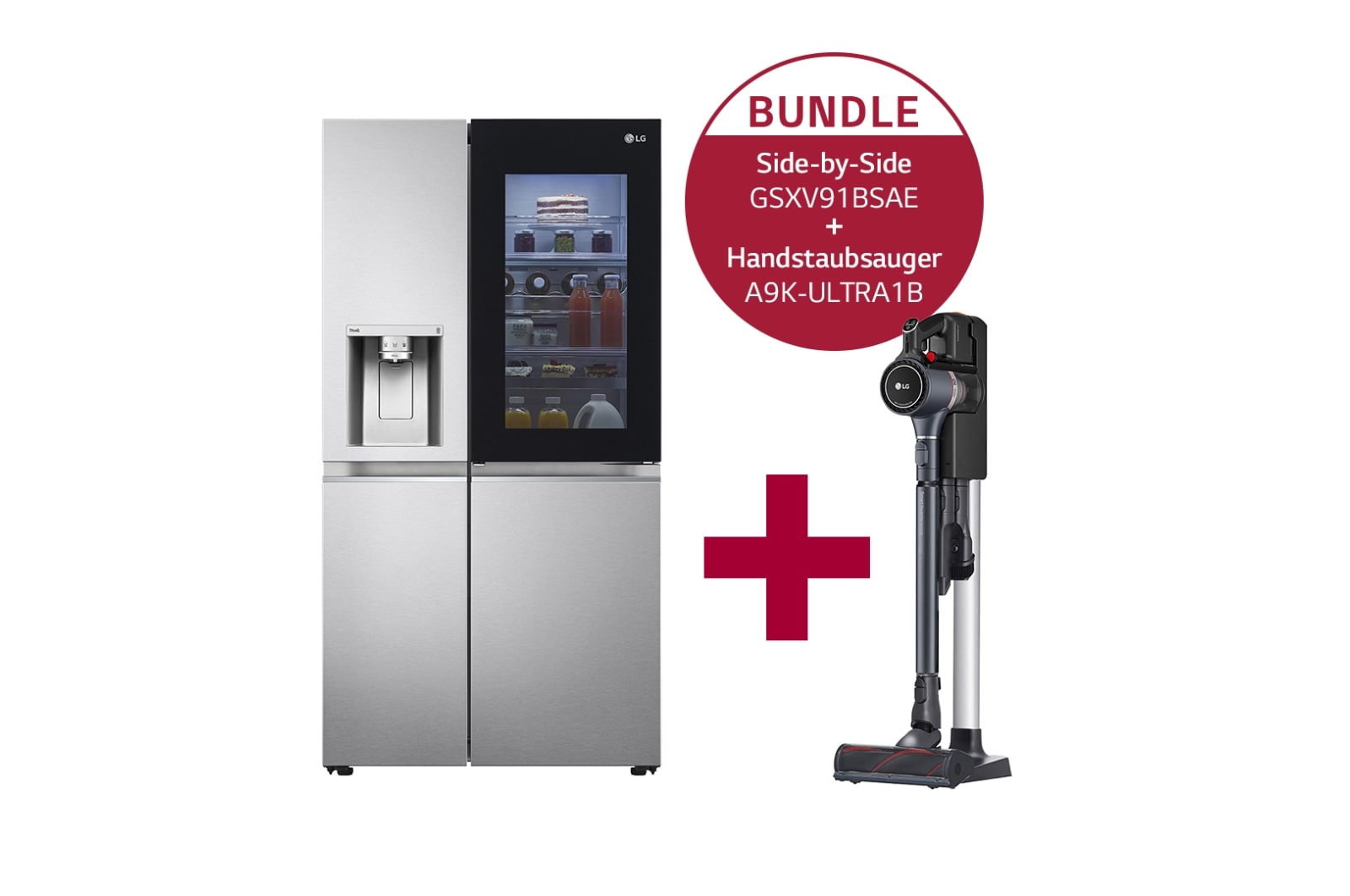 LG Side-by-Side mit InstaView Door-in-Door ™ | Eis-, Crushed Ice- und Wasserspender | 635 Liter Kapazität | Interner Wassertank 4L | Brushed Steel | GSXV91BSAE & Handstaubsauger mit zwei Akkus I Full Black I Wischaufsatz I LG CordZero® A9K-ULTRA1B, GSXV91BSAE.A9K1B